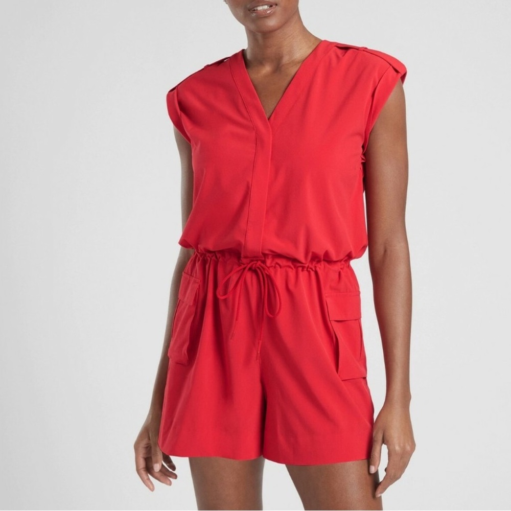 Athleta Red Sleeveless Drawstring Romper